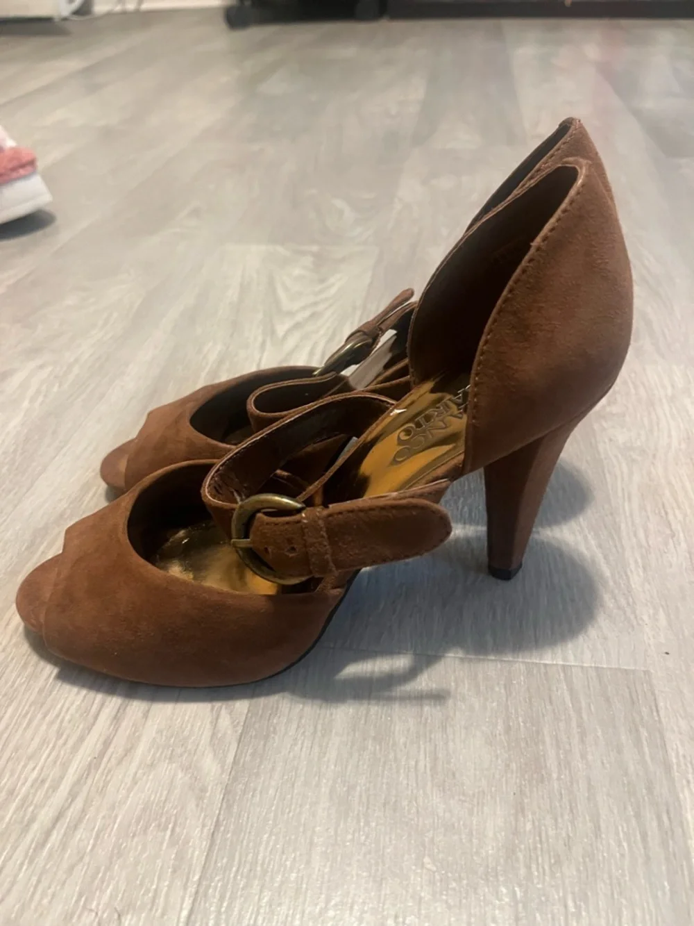 Franco Sarto Brown Suede Peep-Toe‎ Heels with Ankle Strap
